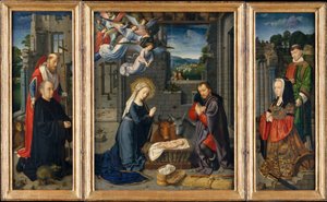 Die Geburt Christi mit Stiftern und den Heiligen Hieronymus und Leonard, um 1510-15 von Gerard David