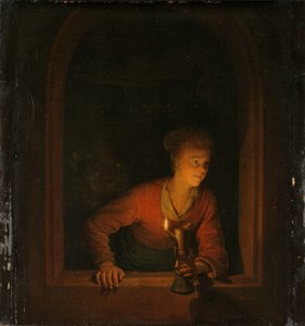 Mädchen mit einer Öllampe am Fenster von Gerrit Dou