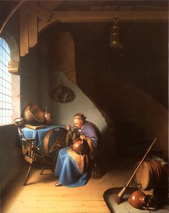 Innenraum mit einer Frau, die Brei isst von Gerrit Dou