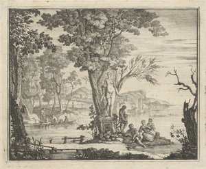 Flusslandschaft mit Anglern bei einer Venusstatue