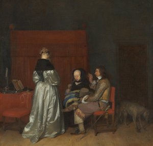 Drei Figuren im Gespräch in einem Innenraum Die väterliche Ermahnung, ca. 1654