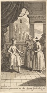 Gulliver wird der Königin von Babilary vorgestellt, Frontispiz zu The Travels of Mr., Februar 1730 von Gerard Vandergucht