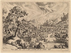 Tobias und der Engel, der den Fisch ausweidet von Gerard de Jode after Hans Bol