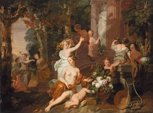 Nymphen und Bacchantinnen huldigen im Tempel der Flora von Gerard de Lairesse