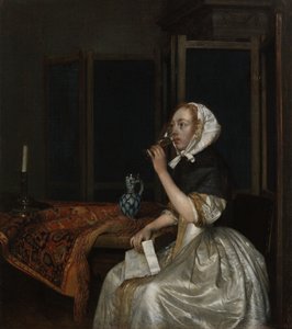 Junge Frau mit einem Glas Wein, einen Brief in der Hand haltend von Gerard ter Borch