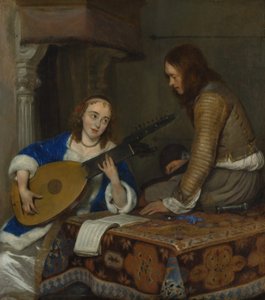 Eine Frau spielt die Theorbo-Laute und ein Kavalier