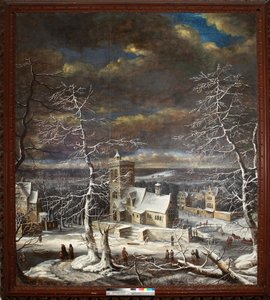 Ein Dorf im Winter mit Figuren auf dem Eis von Gerard van Edema