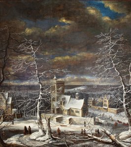Ein Dorf im Winter in einer weiten Landschaft mit Figuren auf dem Eis von Gerard van Edema
