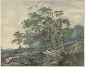 Landschaft mit einem Weg durch einen Wald und einem Falkner