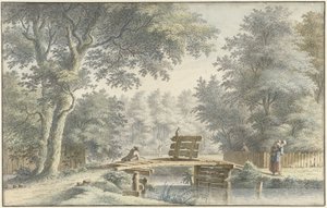 Landschaft mit einer Brücke, auf der ein Angler steht