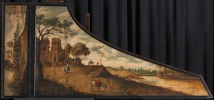 Deckel eines Cembalos mit einer hügeligen Landschaft und Reisenden von Gerard van der Horst (copy after)