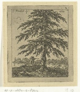 Landschaft mit Buche und Jäger