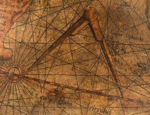 Terrestrischer Globus, Detail des Pazifischen Ozeans mit einem großen Paar Zirkel