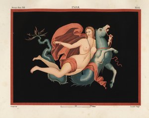 Eine Nereide (Meernymphe) im Mantel und mit Armbändern reitend auf einem Seeungeheuer oder Hippokampus, halb Pferd und halb Fisch. Museo Naz. XXII, Stabiae. Gezeichnet und chromolithographiert von Victor Steeger aus Emile Presuhn (1844-1878) Die schönsten 