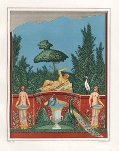Wandmalerei von Bacchus mit Pfauen und Brunnen aus einer Gartenmauer im Haus von Romulus und Remus (Chromolithographie von Victor Steeger nach einer Illustration von Geremia Discanno aus Emile Presuhn 