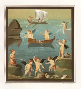 Wandmalerei von spielenden, fischenden, segelnden Cupidos aus einem Cubiculum im Haus des Restaurants (Casa di Lupanare Piccolo) bei 14, Regio IX, Insula V. Chromolithographie von J.G. Bach nach einer Illustration von Geremia Discanno aus Emile Presuhn (18