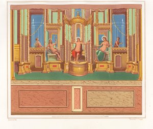 Wandmalerei, die Bacchus, Venus und Apollo zeigt, aus einem abgelegenen Sitzbereich in einer Ecke eines Gartens im Domus M. Herenulli Communis oder Haus des Apollo, Reg. VI, Ins. VII, Nr. 23. Chromolithografie von Victor Steeger nach einer Illustration von von Geremia Discanno