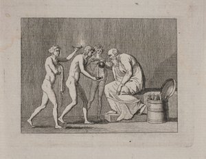 Allegorie mit drei Jünglingen und einem alten Mann in antiker Tracht