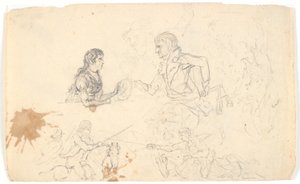 Erbprinz Frederik mit dem Erbprinzen (Chr. VIII) und Skizzen von Reitern und Figuren