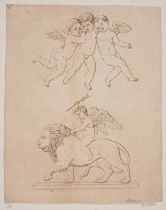 Tafel mit drei Amoren und darunter Amor auf einem Löwen von Gerhard Ludvig Lahde