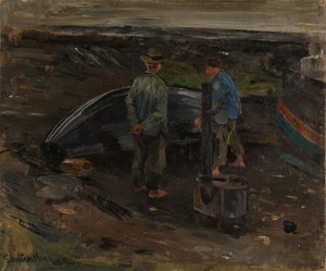 Jungen teeren ein Boot, Nevlunghavn von Gerhard Munthe