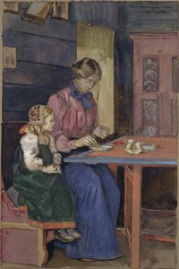 Junges Mädchen aus Hallingdal lernt Perlen aufzufädeln von Gerhard Peter Frantz Vilhelm Munthe