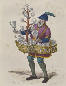 Glas- und Kristallverkäufer im fünfzehnten Jahrhundert, aus Costumes de Paris a Travers les Siecles, veröffentlicht 1887 von Gerlier