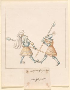 Freydal, Das Buch der Turniere und Turniere von Kaiser Maximilian I.: Kämpfe zu Fuß (Turniere)(Band III): G. Wolf von Fürstenberg mit Heleparten, Tafel 141 von German 16th Century
