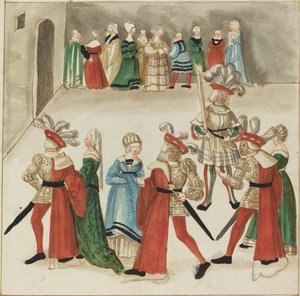Drei Männer in roten Umhängen tanzen mit ihren Partnern von German 16th Century