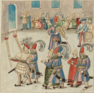 Zwei tanzende Paare, geführt von Fackel tragenden Rittern von German 16th Century
