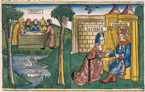 Der Tod Davids und Bathseba bittet Salomo um Abischag für Adonija, aus der Nürnberger Bibel (Biblia Sacra Germanaica)