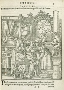 Eine Frau in den Wehen, Illustration aus Kapitel 2, Buch 1 von Über die Empfängnis und das Wachstum des Menschen von Rueff, 1587 von German School