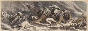 Eine Karawane in einem Sandsturm in der Sahara (kolorierte Gravur) von German School