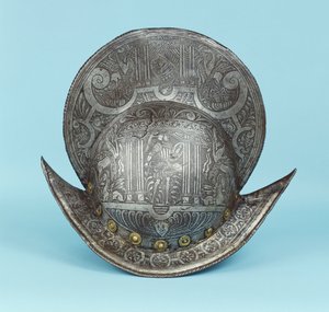 Ein Kamm-Morion, graviert mit Cherubimköpfen, Sphinxen und geflügelten Pferden, in der Mitte ein pseudo-klassischer Krieger in zeitgenössischer Rüstung mit Schwert und Schild von German School