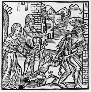 Ein Teufel nimmt ein Kind vor den Augen seiner Eltern, die es durch einen Pakt versprochen hatten - In „Der Ritter von Turn“ von Ritter Marquard vom Stein von German School