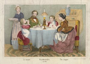 Eine Familie bei ihrem Abendessen, illustriertes Flugblatt, veröffentlicht von Haider & Cronberger, Stuttgart, 1860