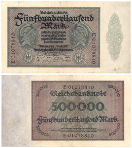Eine Fünfhunderttausend-Mark-Banknote, 1923 (Vorder- und Rückseite)