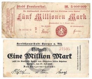 Eine Fünf-Millionen- und Eine-Million-Mark-Banknoten, 1923