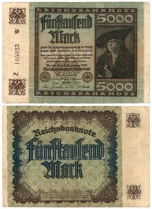 Eine Fünftausend-Mark-Banknote, 1922 (Vorder- und Rückseite)