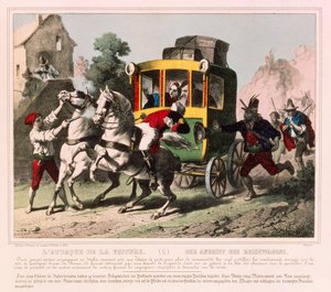 Ein Flitterwochenpaar wird in Italien von Straßenräubern angegriffen, illustriertes Flugblatt veröffentlicht von Gangel & P. Didion, Metz, ca. 1850