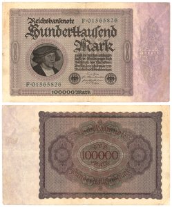 Eine Hunderttausend-Mark-Banknote, 1923 (Vorder- und Rückseite)