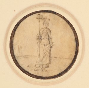 Ein Rundbild, das Christus mit einem langen, am Hals befestigten Umhang und einem Prozessionskreuz zeigt