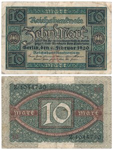 Eine Zehn-Mark-Banknote, 1920 (Vorder- und Rückseite)