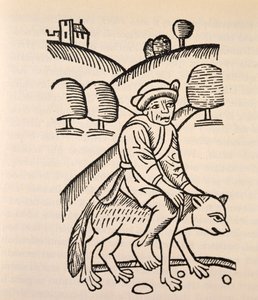 Ein Zauberer auf dem Rücken einer Ziege, Illustration aus 