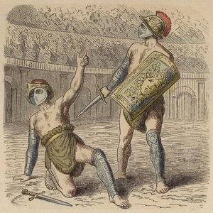 Ein verwundeter römischer Gladiator bittet die Menge um sein Leben von German School