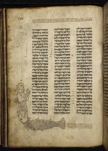 Add. 21160, f.292, Mikrografie von Jona, der vom Fisch verschlungen wird, beim Text von Jona, der Haftarah für den Nachmittagsgottesdienst von Jom Kippur (Pergament) von German School