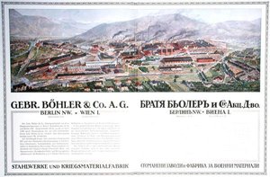 Werbung für die Stahlwerke & Waffenfabrik der österreichischen Firma Gebr. Böhler & Co, aus einem bulgarischen Almanach, ca. 1916