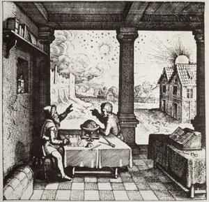 Ein Astrologe erstellt ein Horoskop, Kopie einer Illustration aus Utriusque Cosmi Historia von Robert Fludd, Oppenheim 1617, verwendet in einer Geschichte der Magie, veröffentlicht Ende des 19. Jahrhunderts von German School