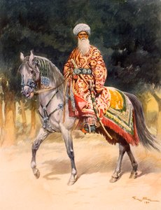 Ein bewaffneter Krieger auf einem Turkoman-Pferd in traditioneller Kleidung, veröffentlicht 1912 von German School