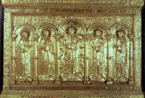 Antependium mit Christus und den Stiftern zu seinen Füßen zwischen den Erzengeln Gabriel, Raphael und Michael und St. Benedikt von German School